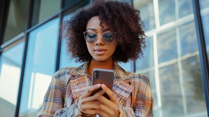 Young woman in casual attire leisurely scrolling on her smartphone, engaging in relaxed phone use