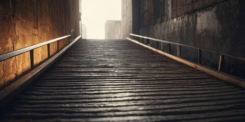 A long wooden staircase leading up to a building