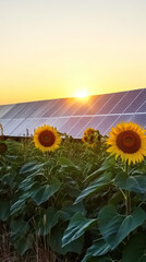 Vibrant Sunflower Field with Solar Panels, sustainable energy solutions, green technology, environmental harmony, renewable resources, ecological balance, climate action, nature and innovation, clean 