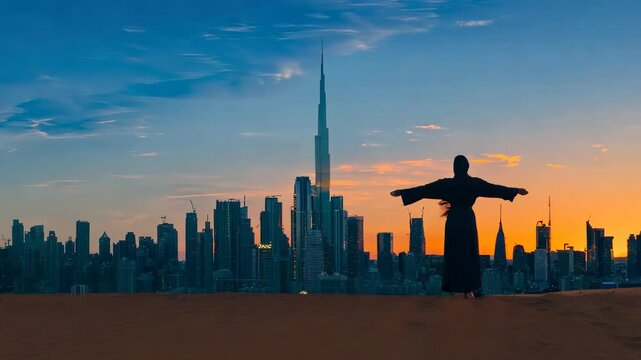 Woman rised her arms on the Dubai city background with on sunset. Timelapse video of Dubai city