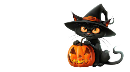 Cartoon cat Halloween Jack o Lantern with hat on transparent background