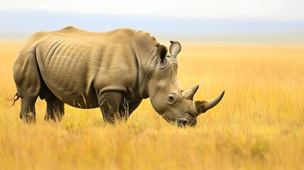 Obraz premium White Rhino Grazing in Golden Grass