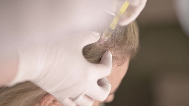 A trichologist doctor makes a dermapen procedure on the patient's head. Vitamin injections to improve hair growth. Treatment of the scalp for hair loss.