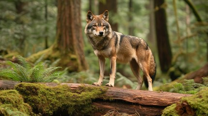 Fototapeta premium A solitary wolf standing on a fallen log in the forest, with moss and ferns around.