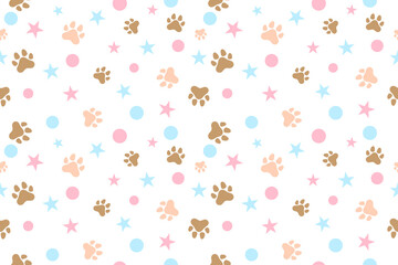 Colorful Confetti Star And Cute Cat Or Dog Paw Pattern Background. Wallpaper. Vector Illustration