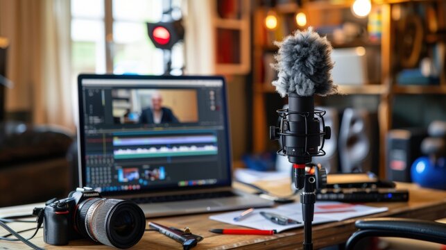 A close-up of a home office desk with a laptop, camera, microphone, and notepad, suggesting video editing and podcasting.