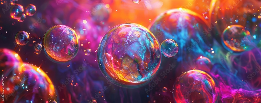 Poster a mesmerizing abstract image of colorful bubbles floating in a cosmic background, creating an enchan