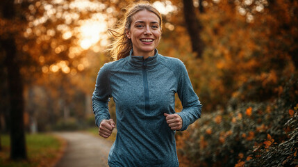 Obraz premium Woman running in autumn forest for mental health. Generative AI