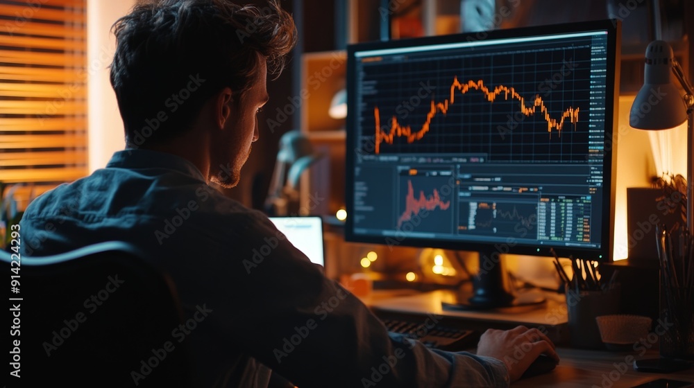Poster professional man analyzing forex chart on computer screen in a modern office environment