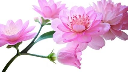 a vase filled with lots of pink flowers on a table next to another glass bottle