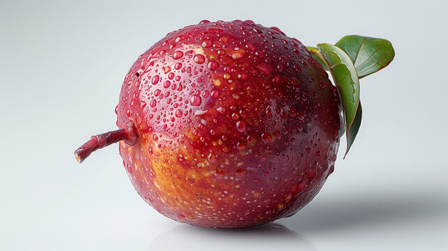 A single red guava fruit with water droplets on white background 