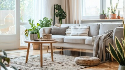 A cozy living room with a comfortable sofa, coffee table, and plants. The room is decorated in a modern, minimalist style with natural textures.