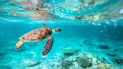 Obraz premium Sea Turtle Gracefully Gliding Through Crystal Clear Waters