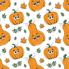 Autumn seamless pattern with cute pumpkins in trendy groovy style. Retro thanksgiving pattern background.