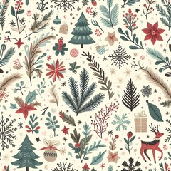 Lovely hand drawn Christmas seamless pattern, cute greenery, flowers and snowflakes.