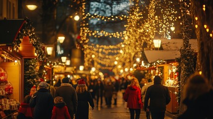 Naklejka premium Captivating christmas market with sparkling lights and joyful festive carol singers