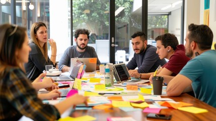 A diverse team of professionals collaborate around a table covered in colorful sticky notes during a brainstorming session.