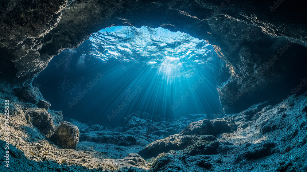 Poster sunlight filtering through underwater cave in a tranquil ocean setting