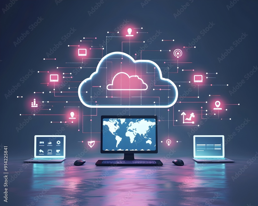 Poster innovative cloud computing concept with synchronized devices and efficient data management