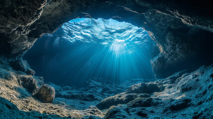 Sunlight filtering through underwater cave in a tranquil ocean setting