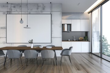 Fototapeta premium An open plan kitchen with modern design, featuring wood and glass elements, stainless steel appliances, gray chairs, and a neutral color scheme that allows