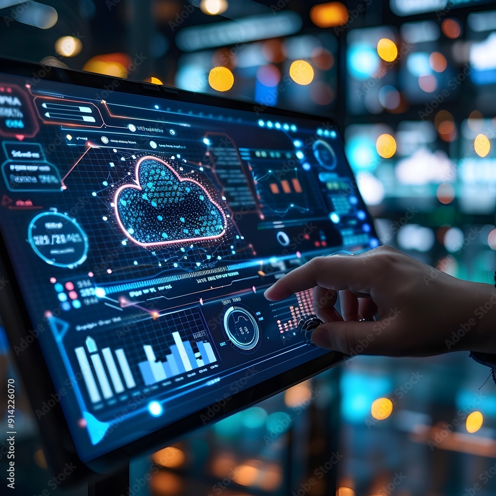 Poster Futuristic cloud data analytics interface showcasing efficient data driven decision making