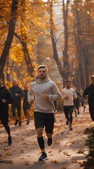 Skinny Person Participating in Charity Run with Enthusiastic Runners in Autumn Forest