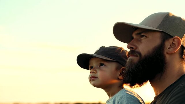 A bearded man and his young boy wearing hats, gazing into the distance. This outdoor adventure scene emphasizes family bonding and generational travel, with plenty of copy space for text