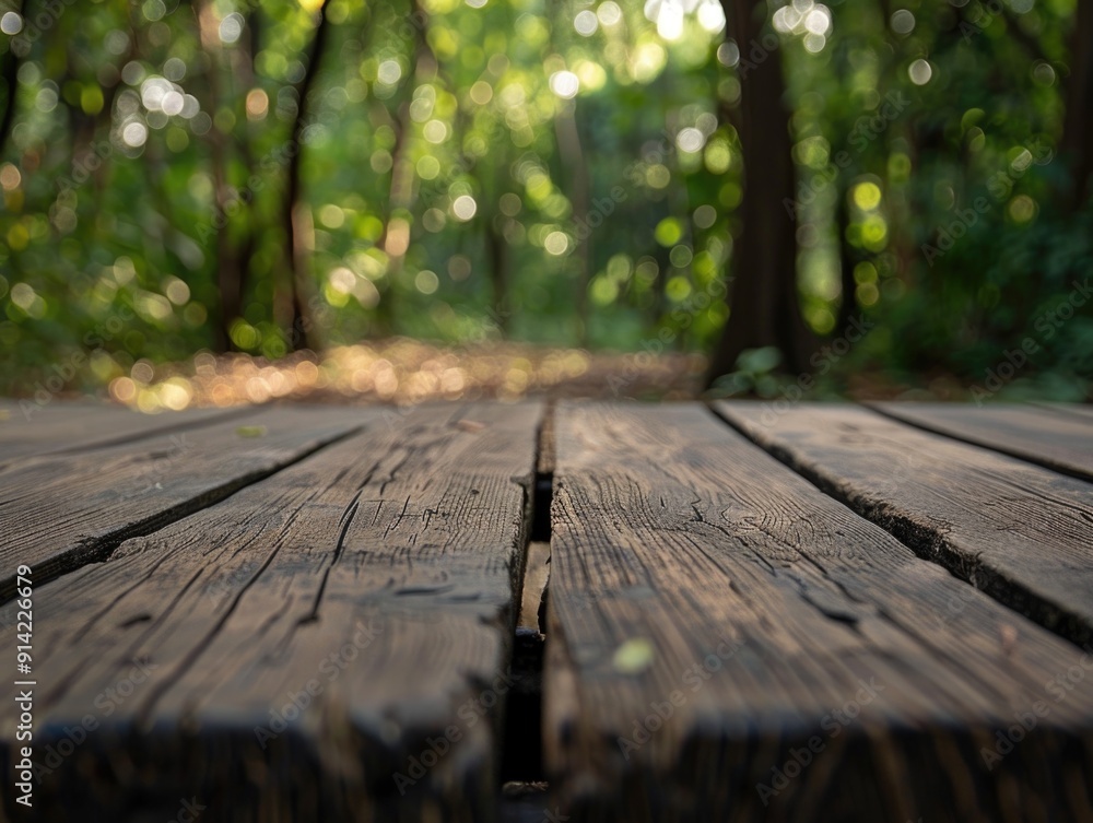 Poster a serene and rustic boardwalk through a dense forest, with sunlight filtering in from above.
