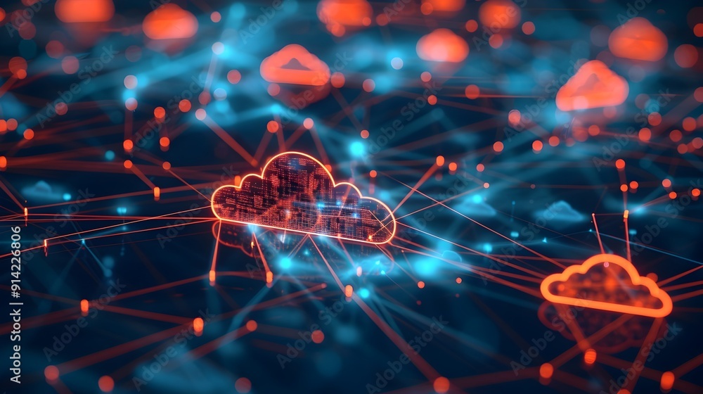 Poster futuristic abstract cloud computing network with connected nodes and flowing data