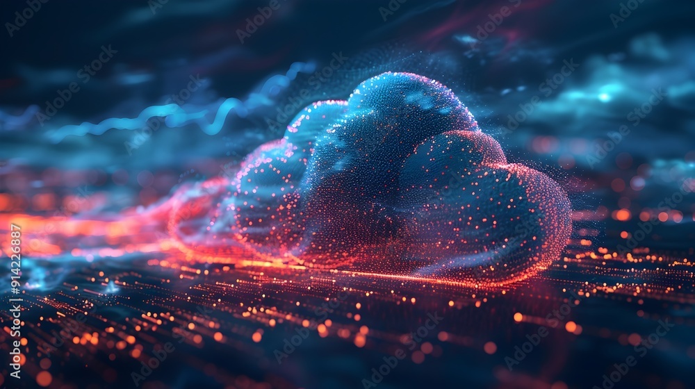 Poster futuristic cloud computing network with glowing nodes and flowing data