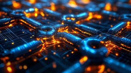 Abstract visualization of a futuristic blockchain network with glowing blue and orange connections, representing digital technology, data security, and decentralized systems.