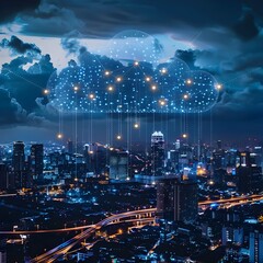 Glowing Cloud Computing Connections Over Futuristic Cityscape at Night with Dramatic Lighting