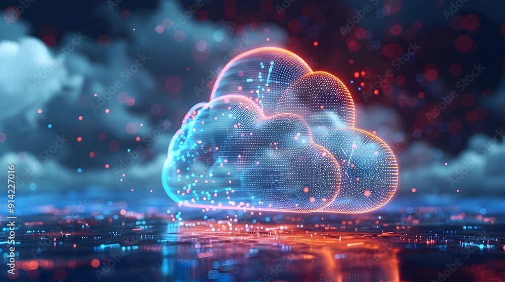 Poster virtual cloud storage concept with floating data streams and modern innovative icons