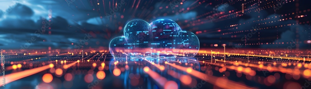Poster secure and efficient cloud computing infrastructure with glowing servers and data lines