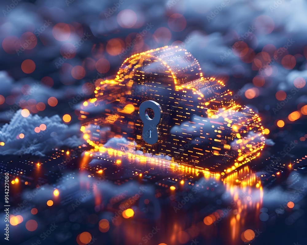 Poster secure and advanced cloud computing concept with padlock and data flow