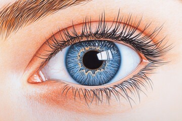 Fototapeta premium Detailed close-up of blue human eye with long eyelashes