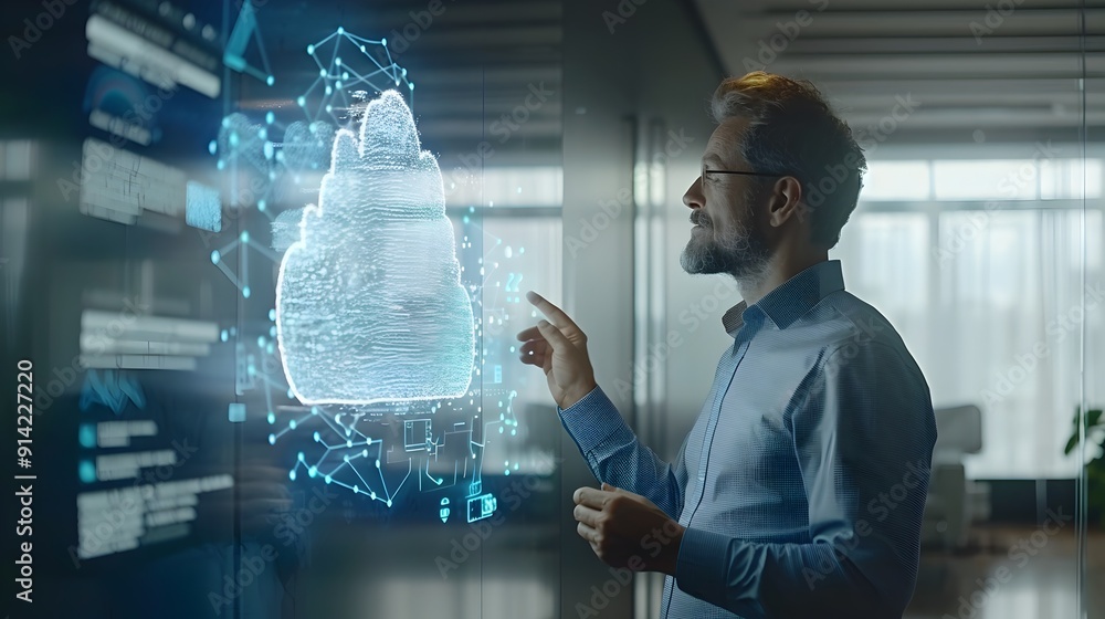 Poster businessman presenting cloud computing solutions on interactive display in modern office environment