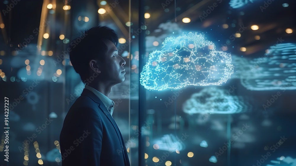 Poster businessperson presenting cloud computing solutions on interactive digital display in modern office 