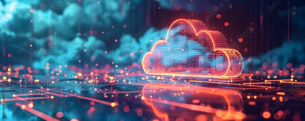 Poster cloud computing and iot visualized with smart devices and connected network