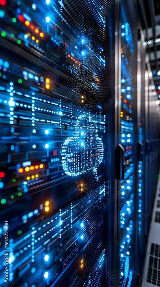 Poster futuristic cloud data center with efficient digital connections and secure technology systems