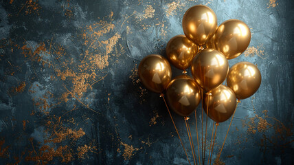 Naklejka premium Beautiful golden balloons on a dark background close-up
