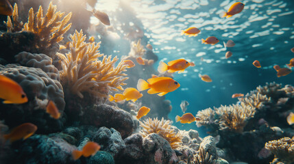 Fototapeta premium Colorful tropical fish swimming among vibrant coral reefs in a sunlit underwater scene