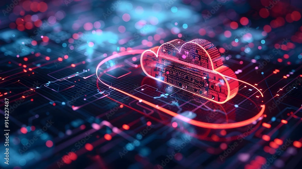 Poster secure and advanced cloud computing concept with data flow and network protection