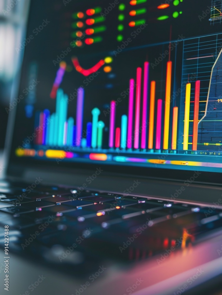 Poster business data on laptop screen, stock charts and graphs in digital interface, technology concept for