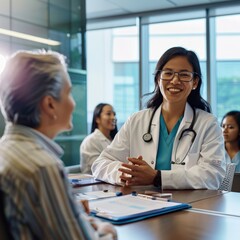 A female doctor in a white coat smiles at a patient during a consultation in a hospital setting.
