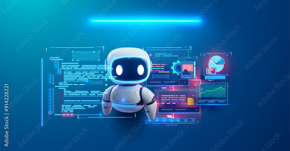 Poster a futuristic robot interacting with a digital data interface on a blue background perfect for techno