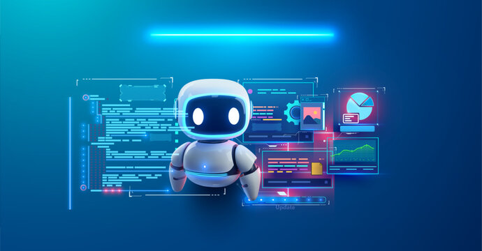 A futuristic robot interacting with a digital data interface on a blue background perfect for technology and AI-themed designs and presentations. Cute robot with futuristic HUD interface. Vector