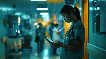 A female nurse in scrubs uses a tablet in a hospital hallway.  The image conveys a sense of urgency and focus.
