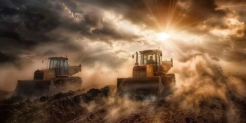 Two bulldozers working in a dusty field at sunset.